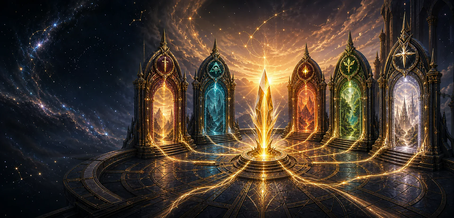 Ascension Table concept showing cards arranged across a luminous battlefield