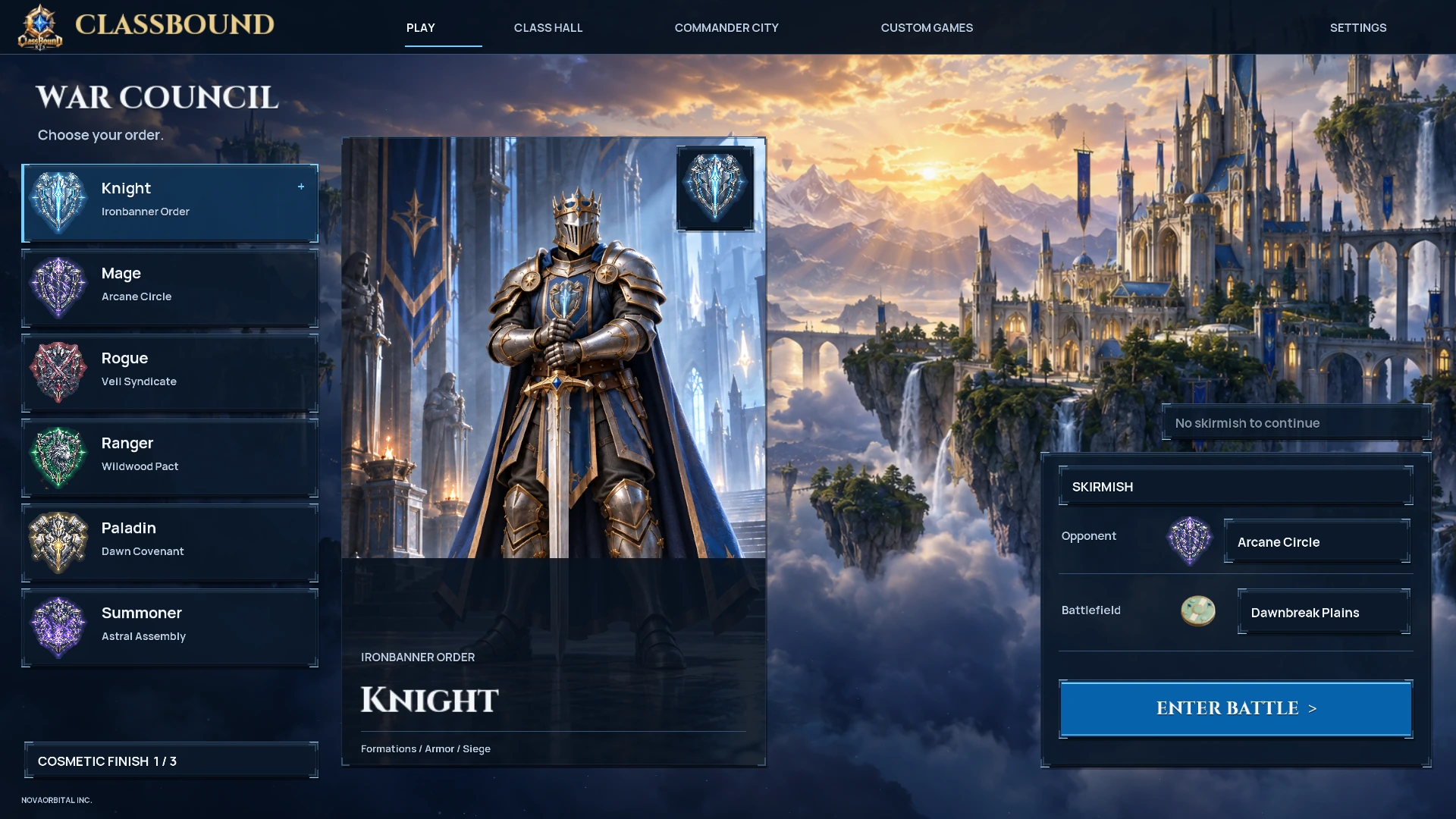 ClassBound upgraded War Council menu with Knight banner, six class choices, and match setup controls