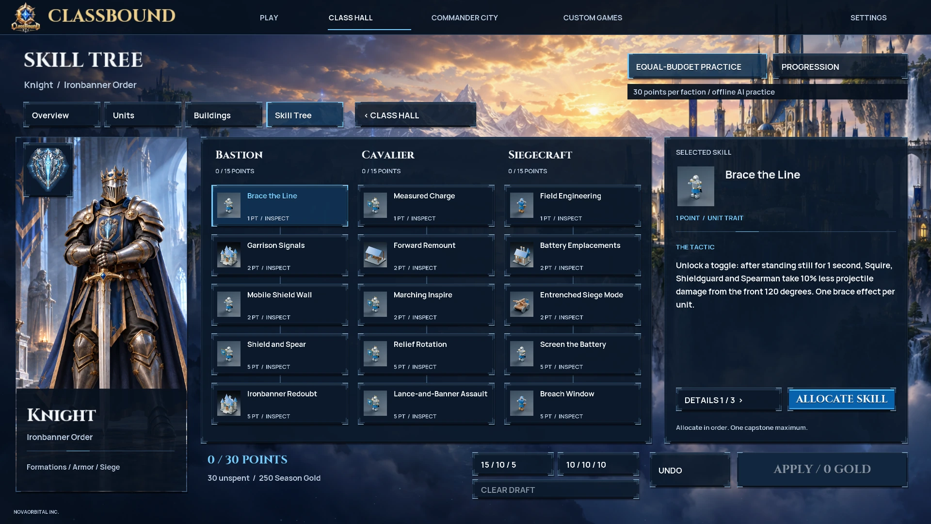 ClassBound upgraded Knight skill-tree menu with Bastion, Cavalier, and Siegecraft branches