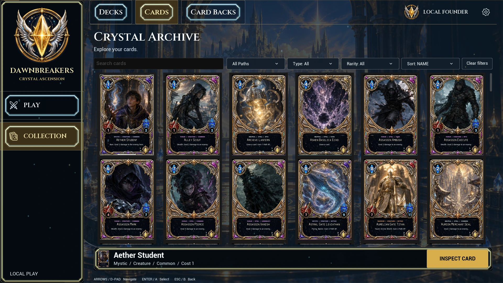 DawnBreakers upgraded Crystal Archive menu with card filters and complete ornate card faces