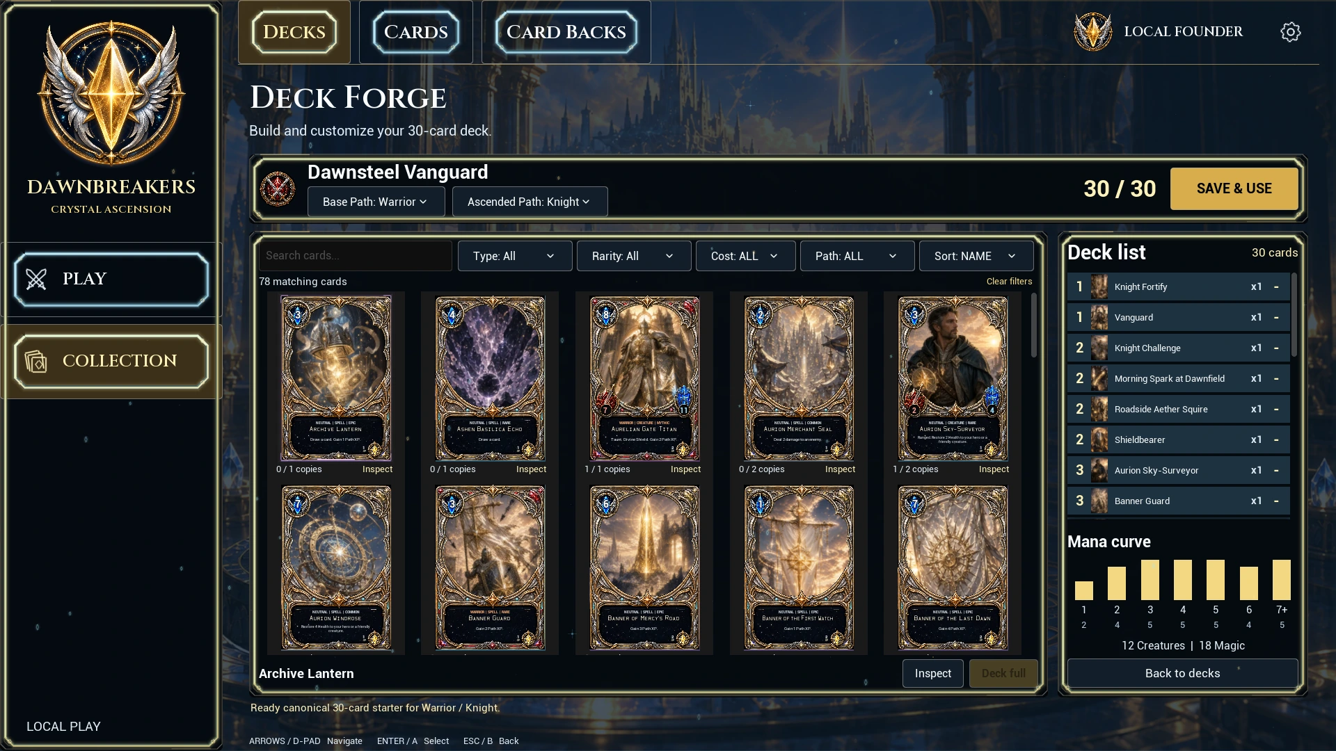 DawnBreakers upgraded Deck Forge menu with card selection, deck list, and mana curve