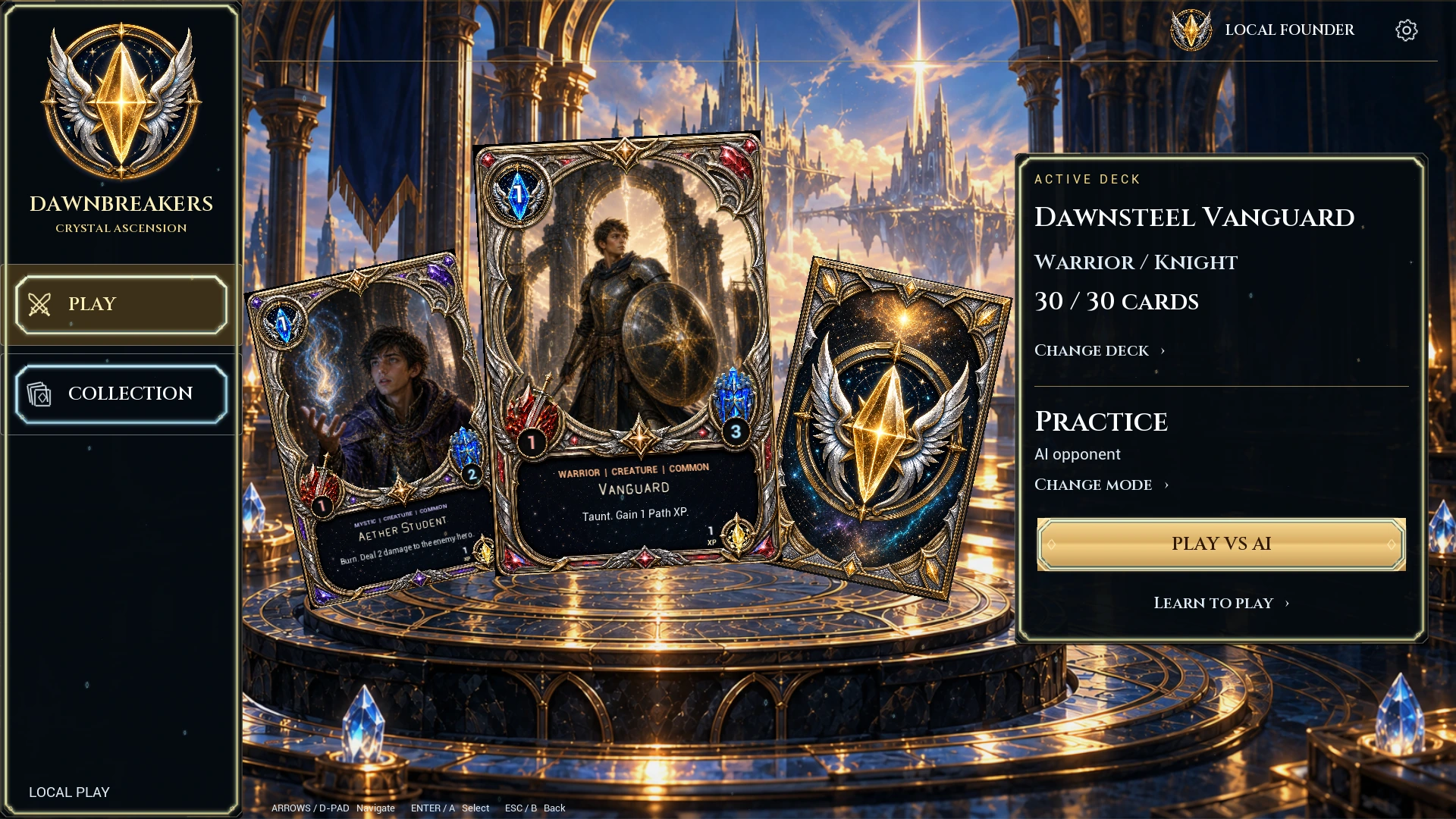 DawnBreakers Crystal Ascension home menu with the active deck and collection