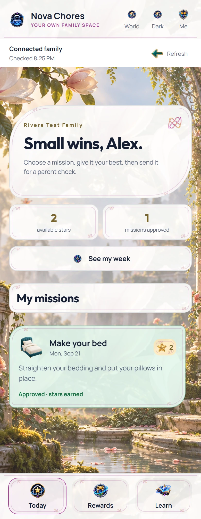 Enchanted Garden Today screen in Nova Chores, with Alex's approved chore and two stars