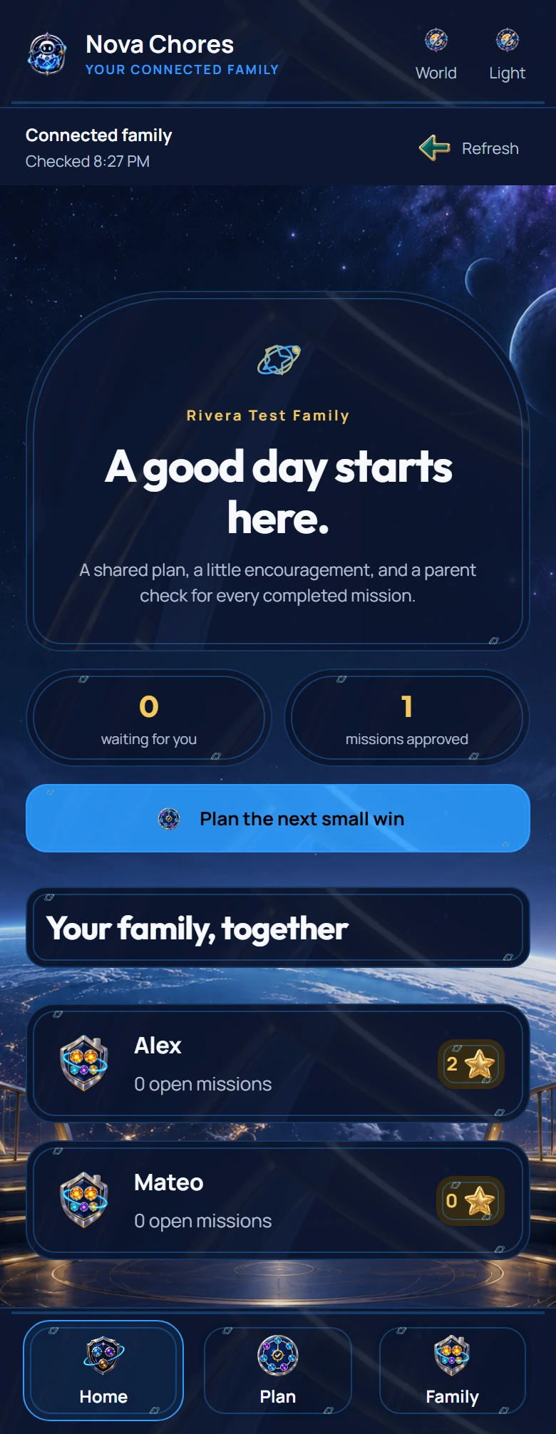 Actual parent family overview showing household progress and review controls