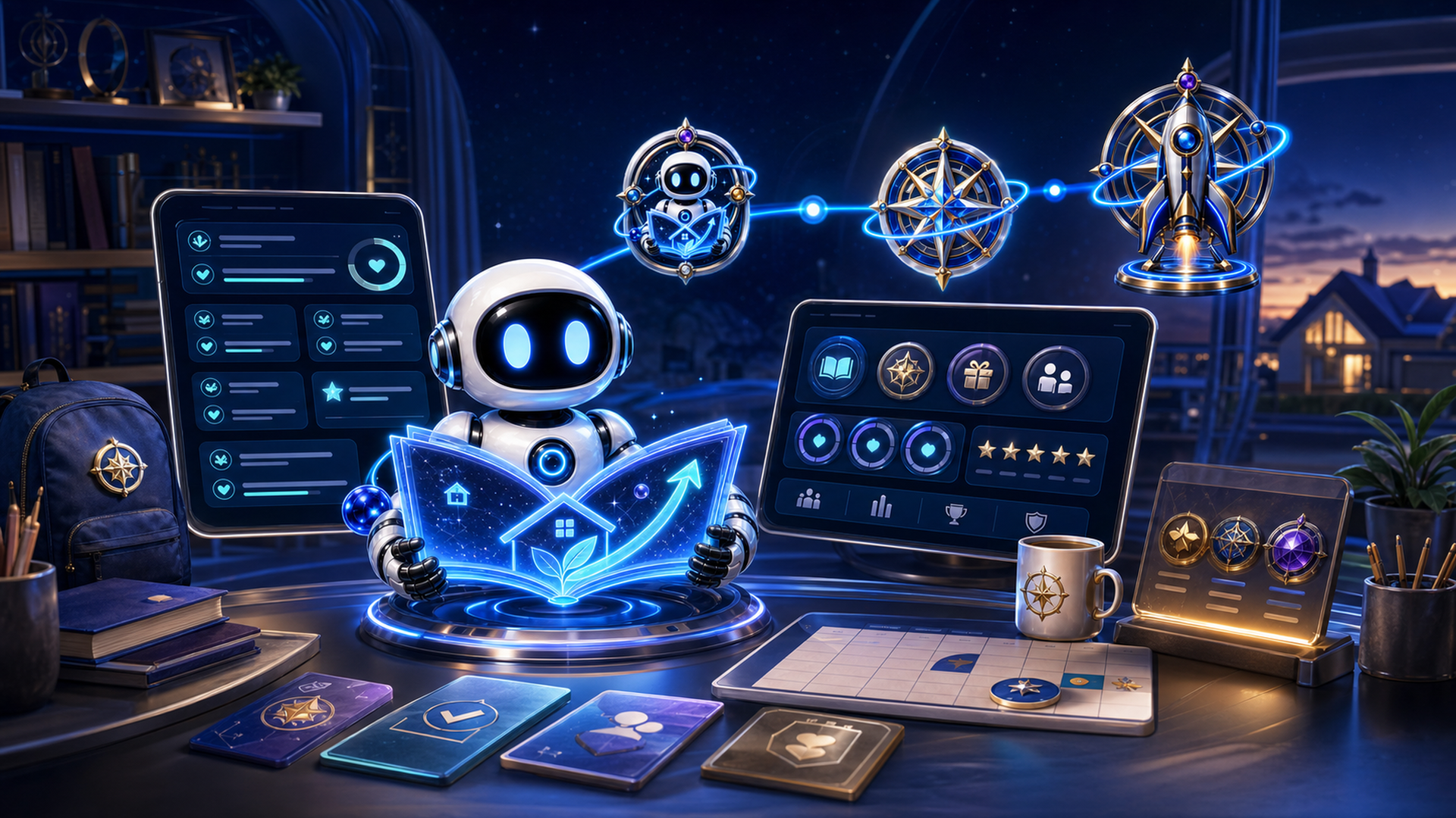 Orbit Scout guiding a family mission console through chores, reading, rewards, and the Explorer-to-Launch growth path