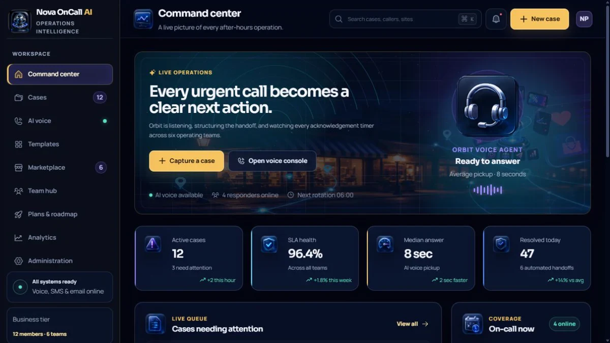 Nova OnCall AI command center prototype showing example cases